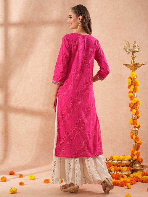 Ethnic Printed & Floral Embroidered Straight Fit Kurta - Pink