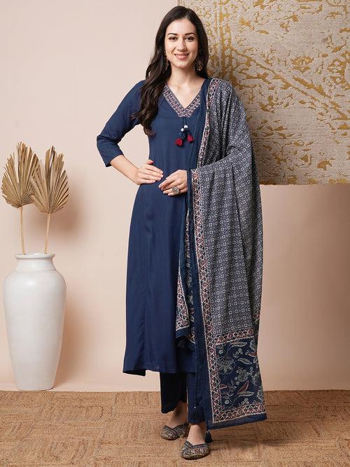 Solid Embroidered A-Line Paneled Kurta with Pant and Dupatta - Blue