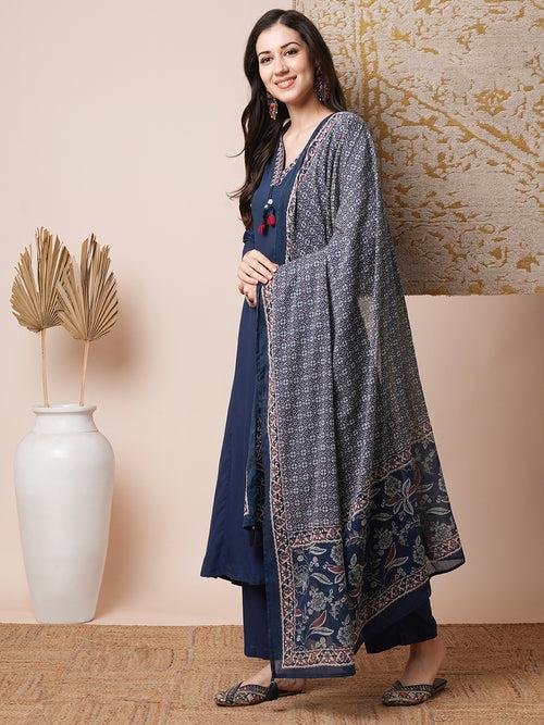 Solid Embroidered A-Line Paneled Kurta with Pant and Dupatta - Blue