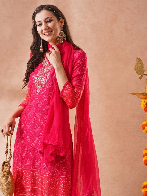 Bandhani Printed & Embroidered Straight Fit Kurta with Pant & Dupatta - Pink