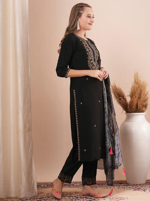 Solid Floral Resham Embroidered Straight Fit Kurta with Pant & Dupatta - Black