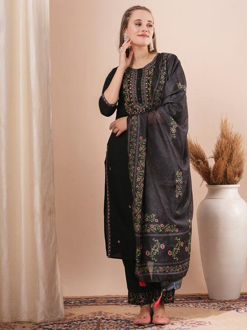 Solid Floral Resham Embroidered Straight Fit Kurta with Pant & Dupatta - Black