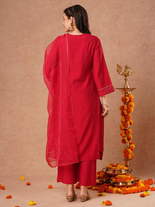 Solid Ethnic Hand Embroidered Straight Fit Kurta with Pant & Dupatta - Magenta