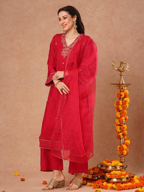 Solid Ethnic Hand Embroidered Straight Fit Kurta with Pant & Dupatta - Magenta