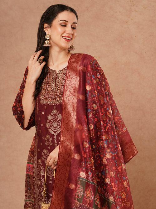 Ethnic Floral Printed & Hand Embroidered Straight Kurta with Pant & Dupatta - Brown