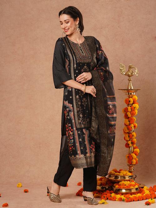 Ethnic Hand Embroidered Straight Fit Kurta with Pant and Woven Dupatta - Black