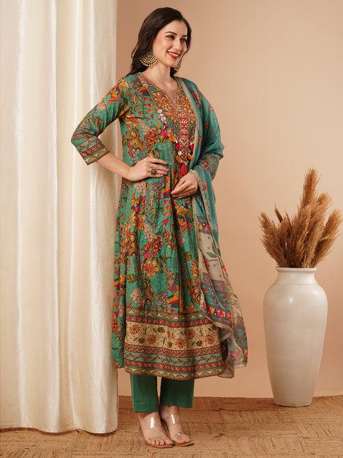 Ethnic Floral Printed & Embroidered Anarkali Kurta with Pant & Dupatta - Green