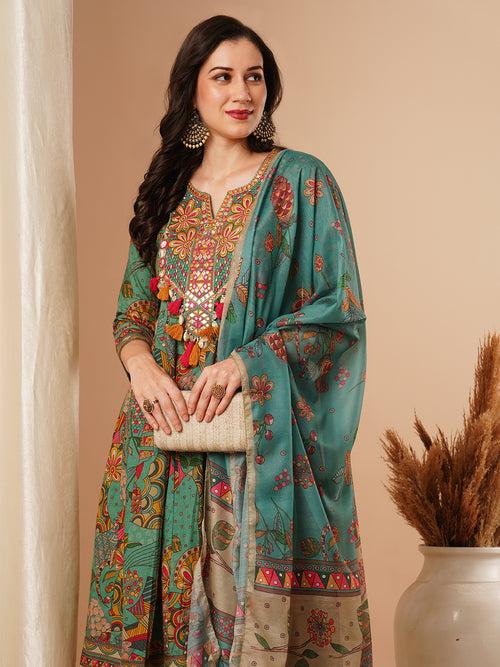 Ethnic Floral Printed & Embroidered Anarkali Kurta with Pant & Dupatta - Green