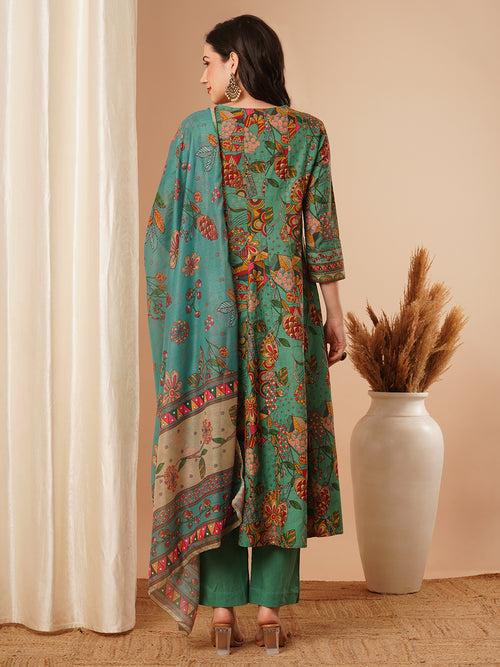 Ethnic Floral Printed & Embroidered Anarkali Kurta with Pant & Dupatta - Green