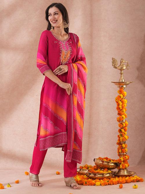 Leheriya Printed & Hand Embroidered Straight Kurta with Pant & Dupatta - Pink