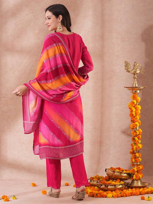 Leheriya Printed & Hand Embroidered Straight Kurta with Pant & Dupatta - Pink