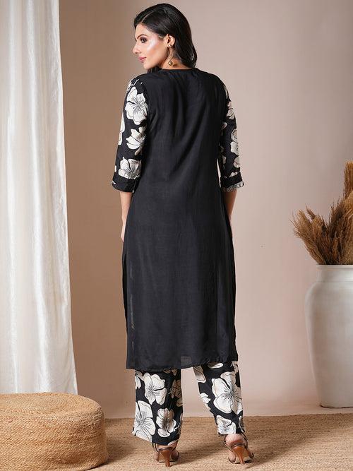 Abstract Floral Foil Printed Straight Fit Co-ord Set - Black