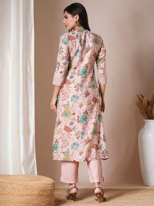 Ethnic Floral Printed Straight Fit Kurta with Pant - Pink