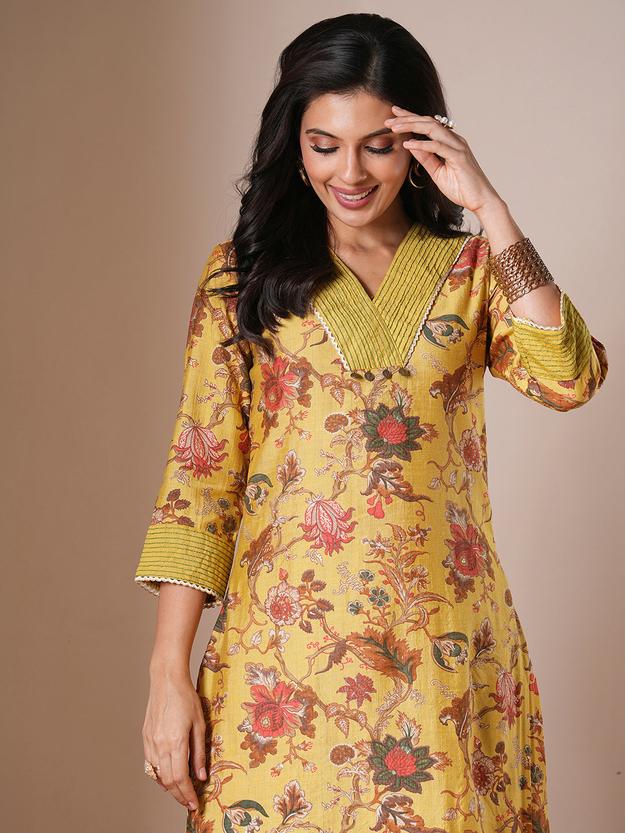 Ethnic Floral Printed Straight Fit Kurta with Pant - Yellow