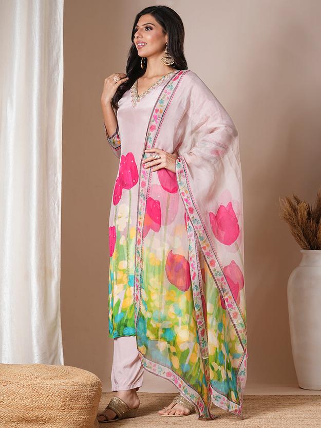 Abstract Floral Printed & Hand Embroidered Straight Kurta with Pant & Dupatta - Cream