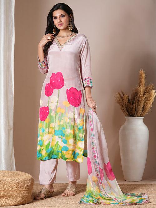 Abstract Floral Printed & Hand Embroidered Straight Kurta with Pant & Dupatta - Cream