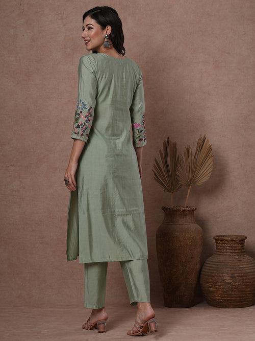 Solid Floral Hand Painted & Embroidered Straight Fit Co-ord Set - Green