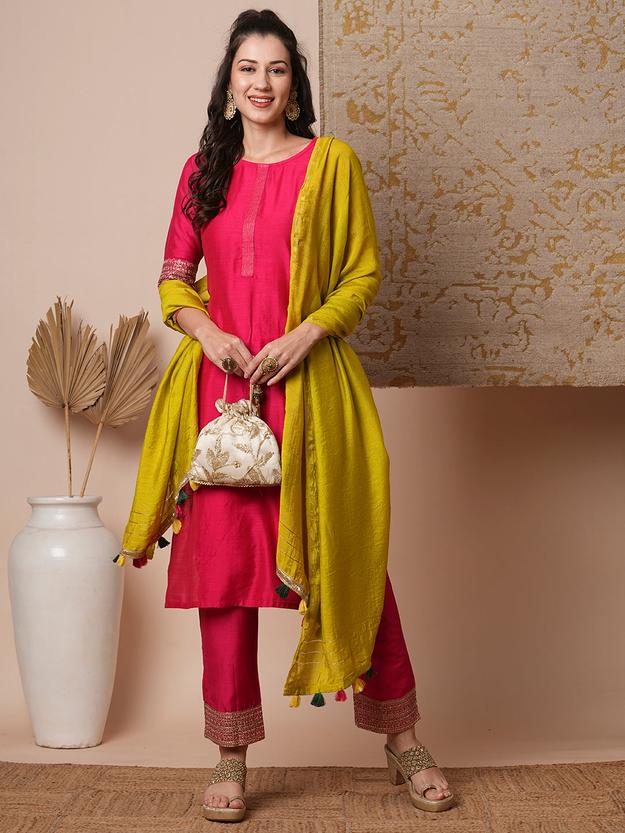 Solid Ethnic Embroidered Straight Fit Kurta with Pant & Dupatta - Pink