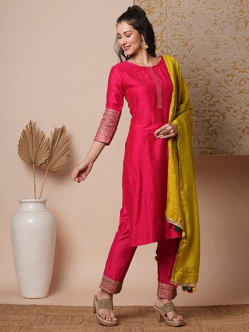 Solid Ethnic Embroidered Straight Fit Kurta with Pant & Dupatta - Pink