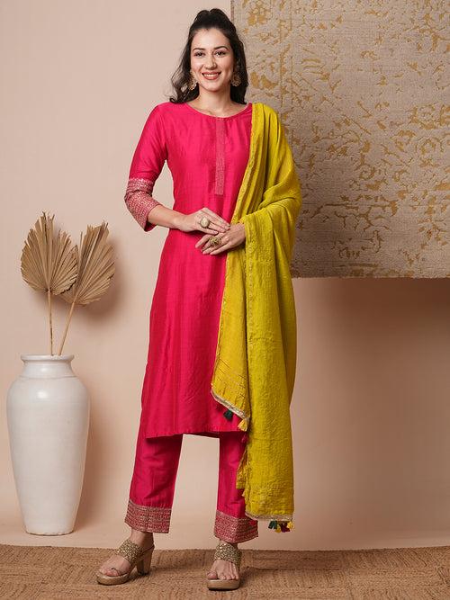 Solid Ethnic Embroidered Straight Fit Kurta with Pant & Dupatta - Pink