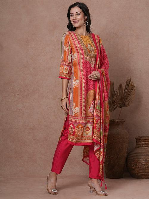 Ethnic Floral Printed & Embroidered Straight Kurta with Pant & Dupatta - Pink