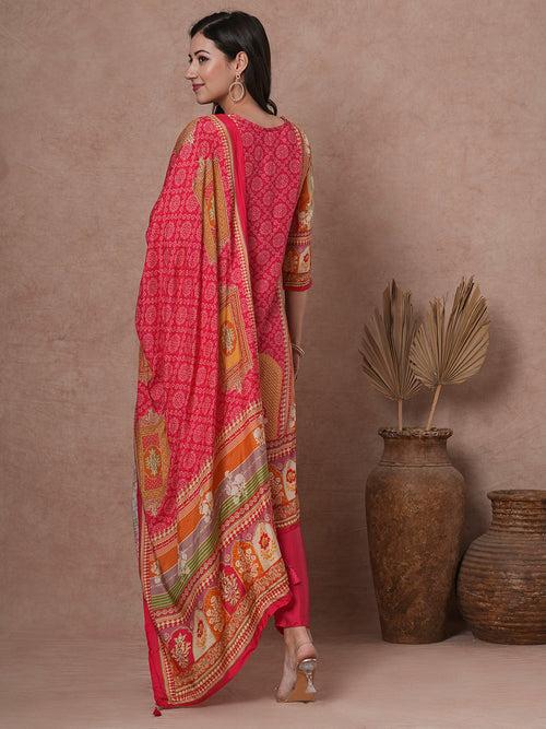 Ethnic Floral Printed & Embroidered Straight Kurta with Pant & Dupatta - Pink