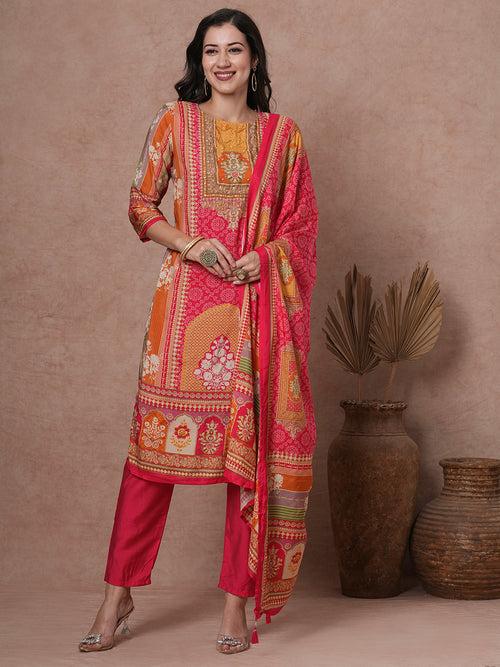 Ethnic Floral Printed & Embroidered Straight Kurta with Pant & Dupatta - Pink