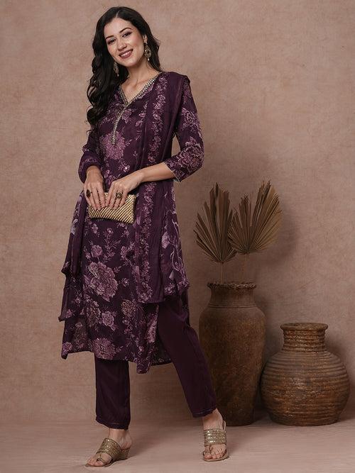 Floral Printed & Embroidered Straight Fit Kurta with Pant & Dupatta - Burgundy