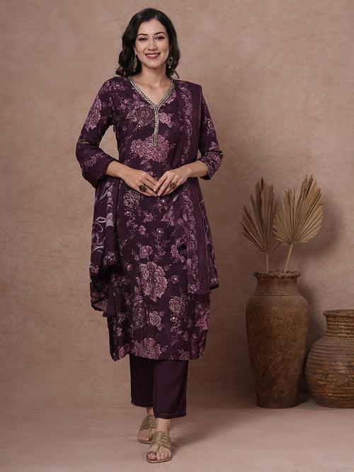 Floral Printed & Embroidered Straight Fit Kurta with Pant & Dupatta - Burgundy