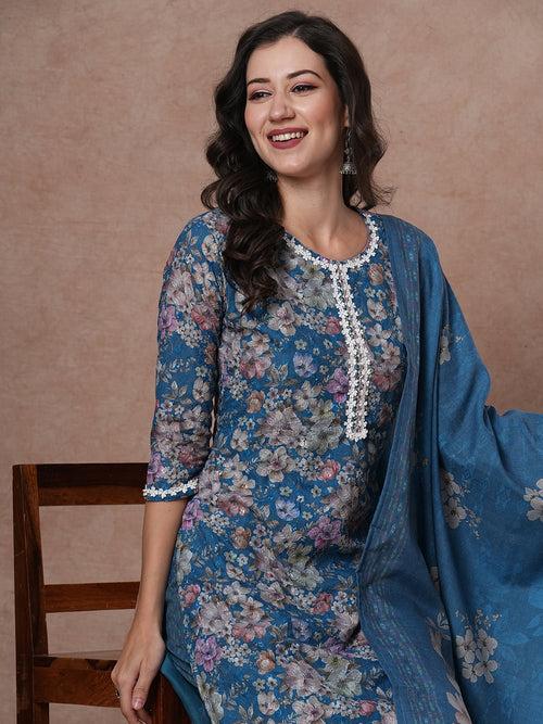 Ethnic Floral Printed Straight Fit Kurta with Pant & Dupatta - Blue