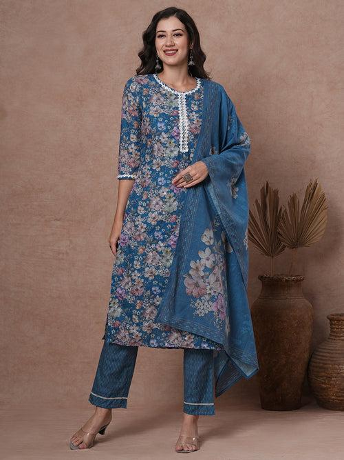 Ethnic Floral Printed Straight Fit Kurta with Pant & Dupatta - Blue