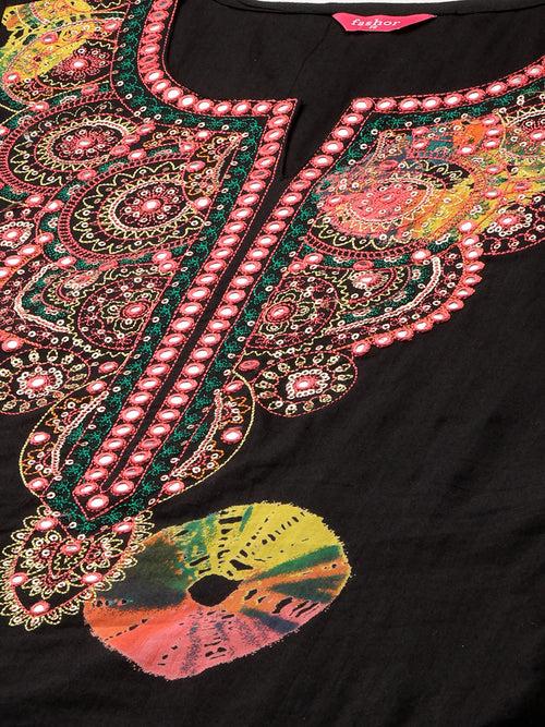 Colourful Tie-Dyed & Embroidered Kurta - Black