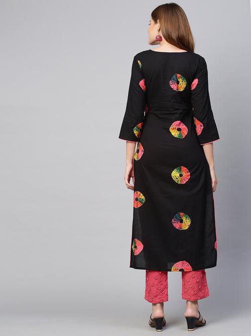 Colourful Tie-Dyed & Embroidered Kurta - Black