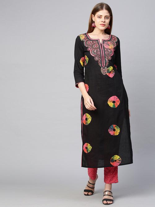 Colourful Tie-Dyed & Embroidered Kurta - Black