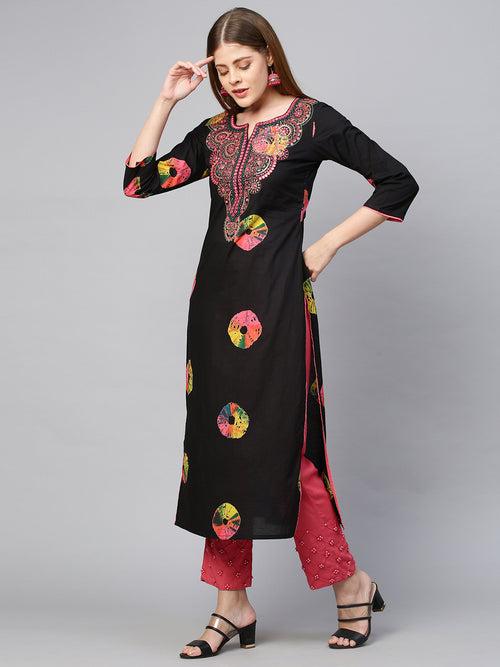 Colourful Tie-Dyed & Embroidered Kurta - Black