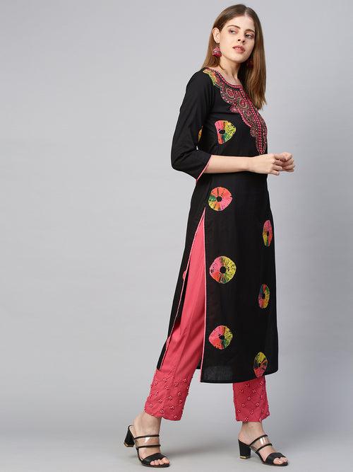 Colourful Tie-Dyed & Embroidered Kurta - Black