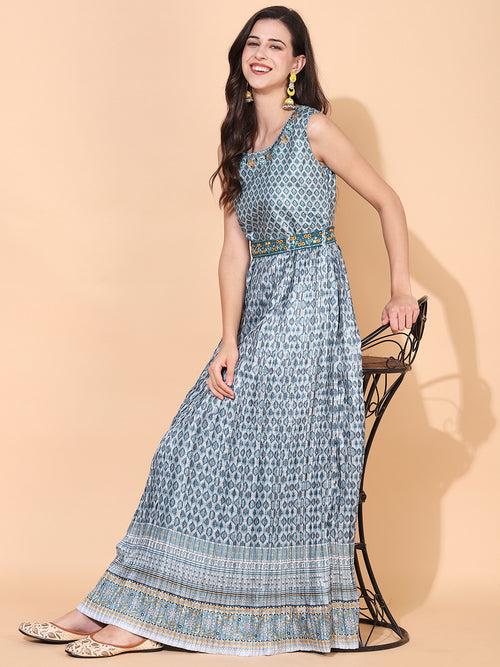 Ethnic Printed & Embroidered Flared Maxi Dress - Mint Green