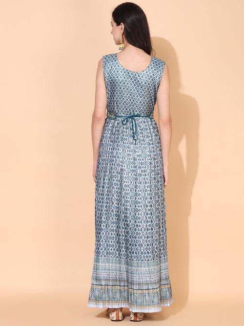 Ethnic Printed & Embroidered Flared Maxi Dress - Mint Green