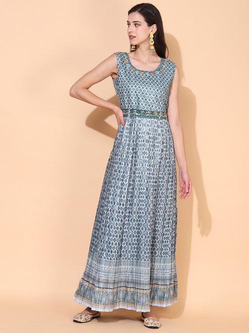 Ethnic Printed & Embroidered Flared Maxi Dress - Mint Green