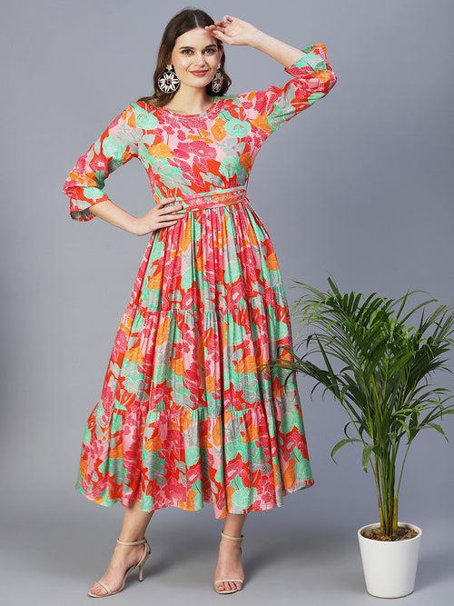 Floral Printed Tiered Dress With Embroidered Belt - Fuchsia & Multi