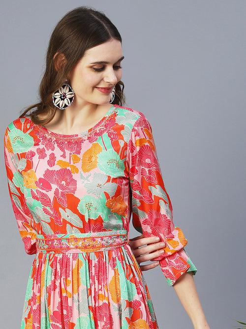 Floral Printed Tiered Dress With Embroidered Belt - Fuchsia & Multi