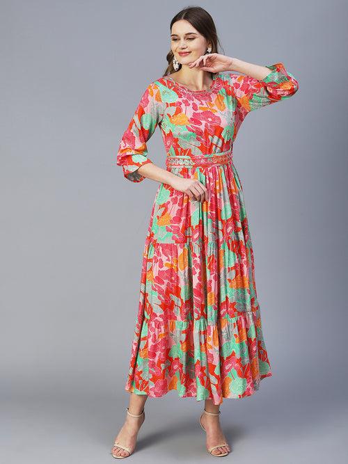 Floral Printed Tiered Dress With Embroidered Belt - Fuchsia & Multi