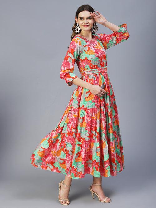 Floral Printed Tiered Dress With Embroidered Belt - Fuchsia & Multi