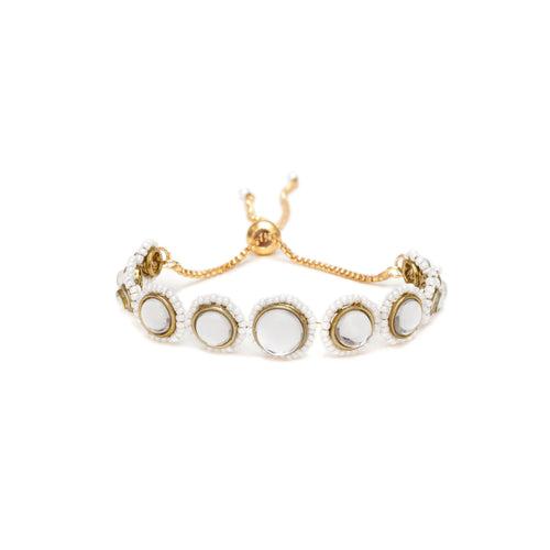 Golden Circular Kundan With White Pearls Adjustable Bracelet