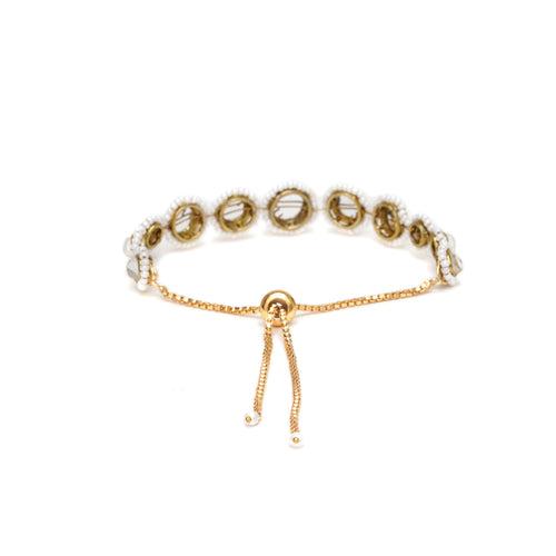 Golden Circular Kundan With White Pearls Adjustable Bracelet