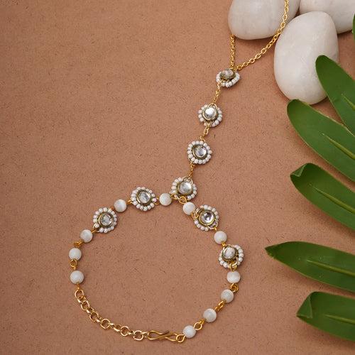 Golden Round Kundan With White Pearls Adjustable Hathphool Bracelet