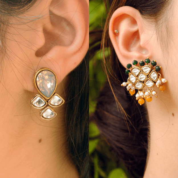 Small Kundan Studs Set Of 2 Pair Earrings