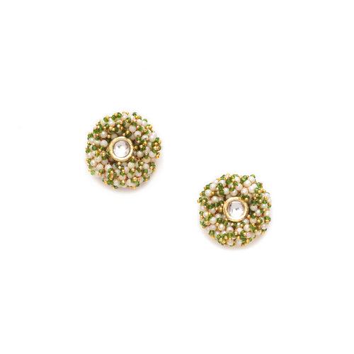 Gold Tone Green & White Garden Of Pearl Kundan Earrings