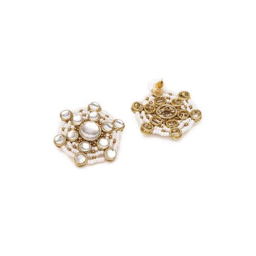 Golden Tone Kundan & White Pearls Studs