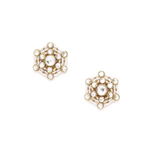 Golden Tone Kundan & White Pearls Studs